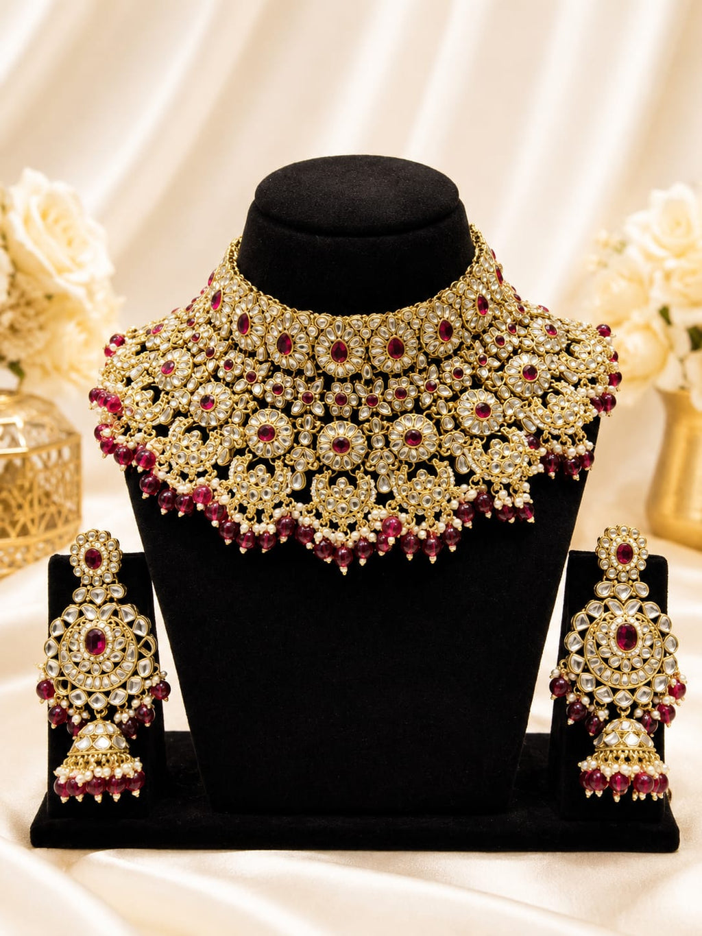 Ruby Floral Kundan Bridal Choker Set with Jhumka Earrings
