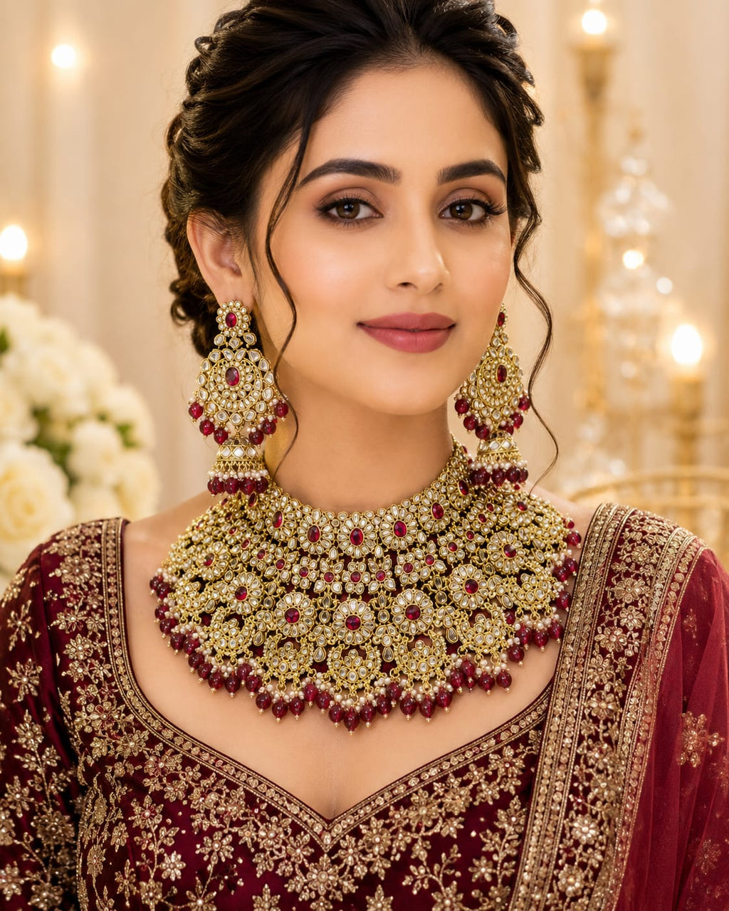 Ruby Floral Kundan Bridal Choker Set with Jhumka Earrings