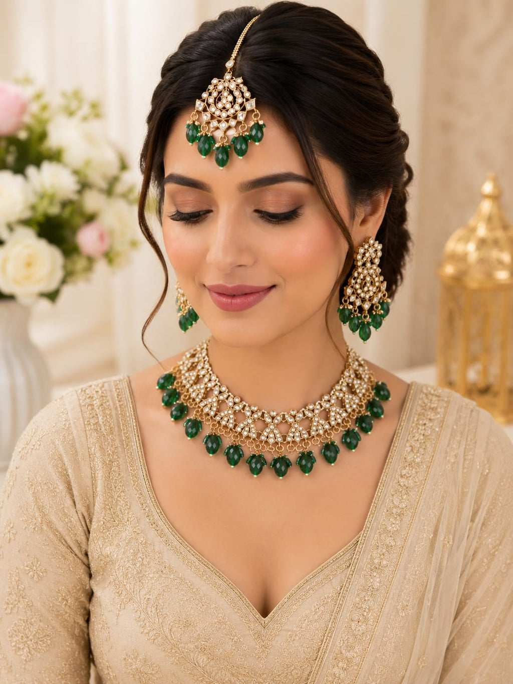 Emerald Green Kundan Choker Bridal Jewellery Set