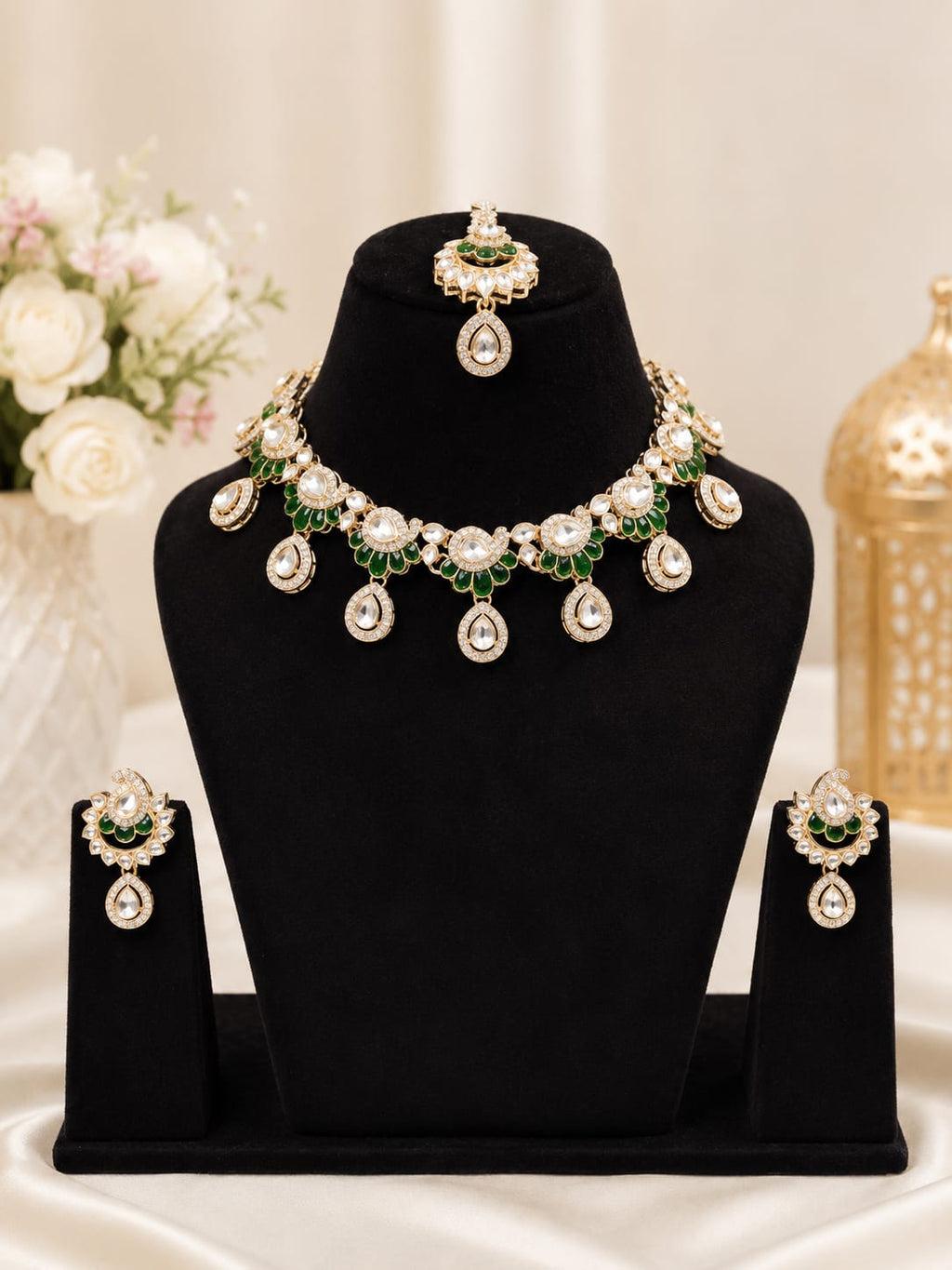 Emerald Green Polki Kundan Bridal Necklace Set