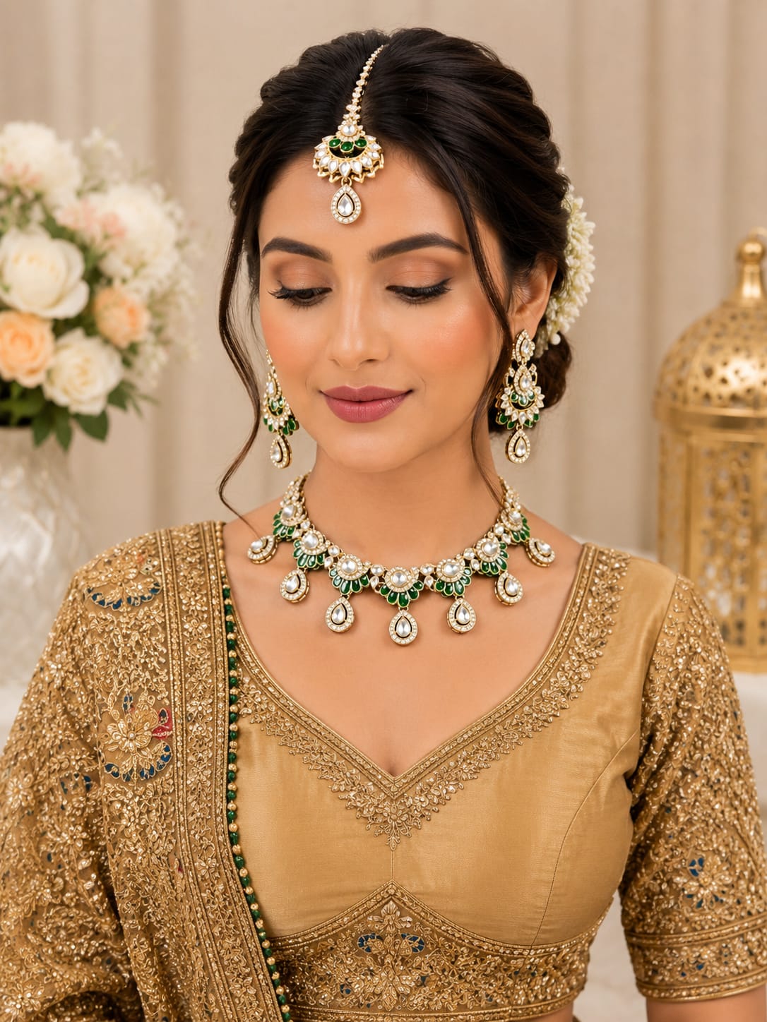 Emerald Green Polki Kundan Bridal Necklace Set