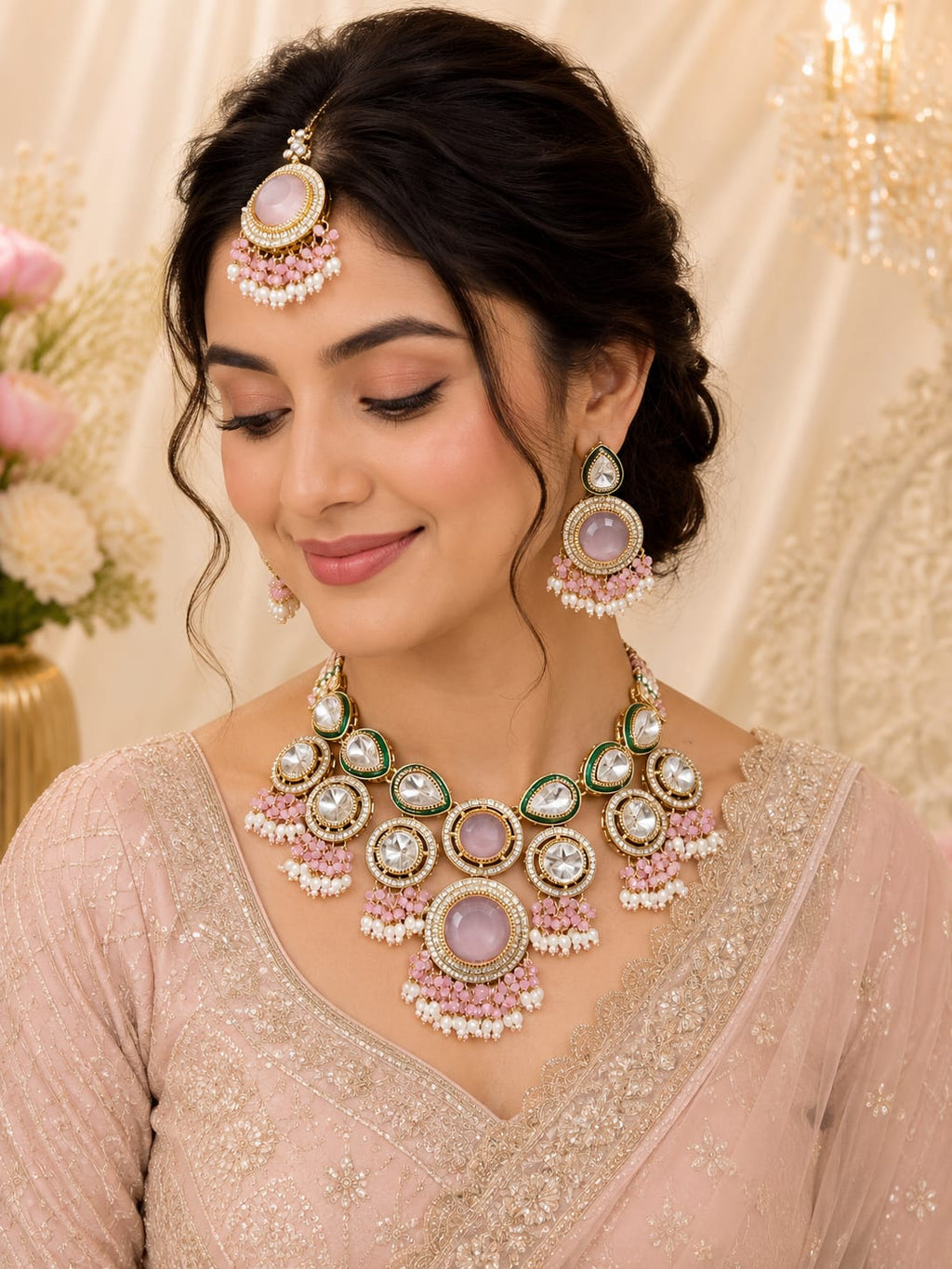Pink Kundan Necklace Set with Earrings & Maang Tikka