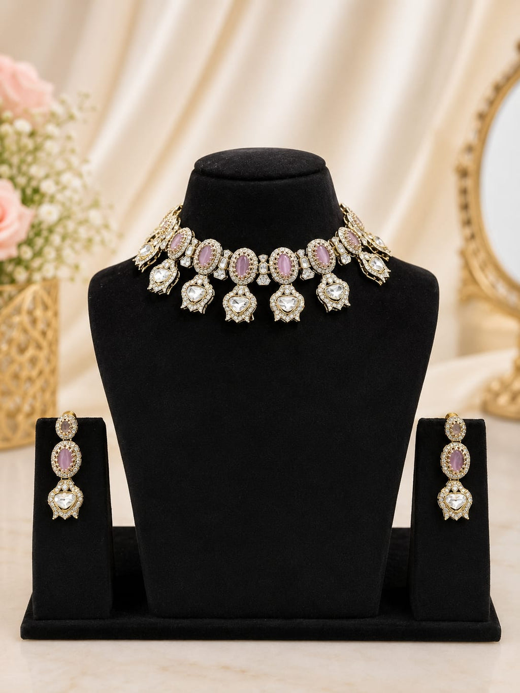 Lavender Polki Choker Necklace Set with Earrings