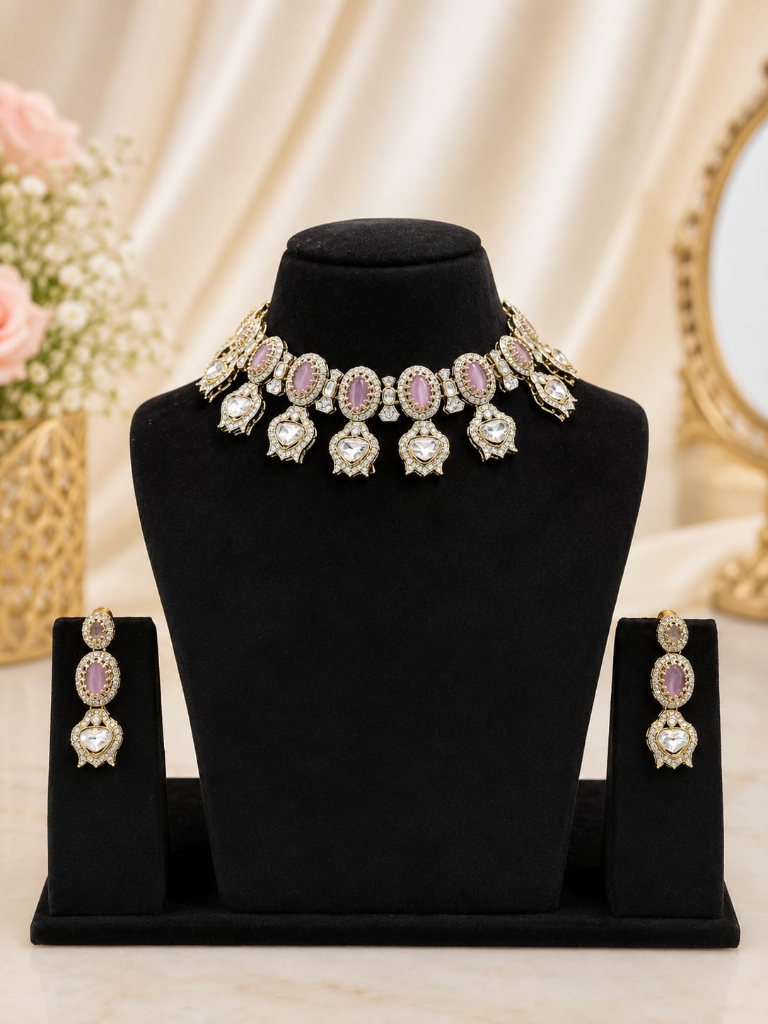 Lavender Polki Choker Necklace Set with Earrings