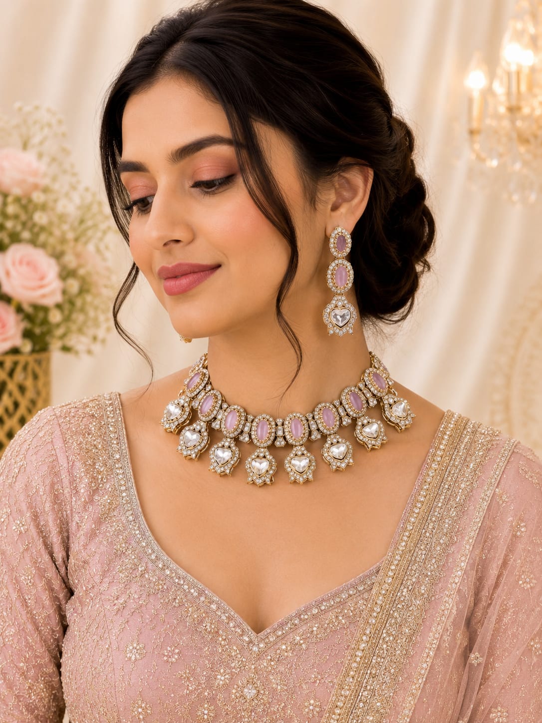 Lavender Polki Choker Necklace Set with Earrings