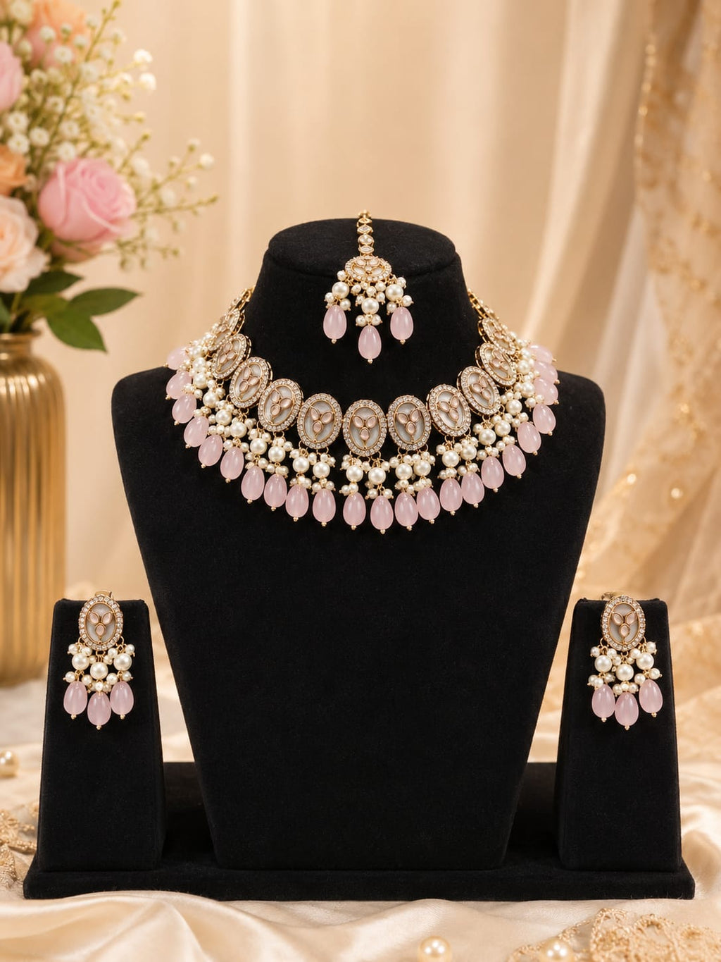 Pink Rose Quartz & Pearl Choker Necklace Set with Earrings & Maang Tikka