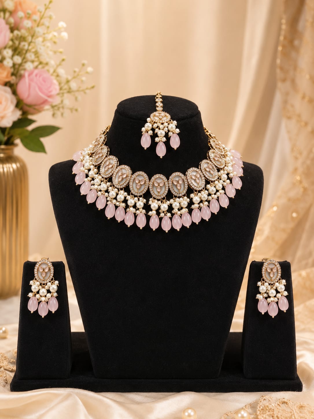 Pink Rose Quartz & Pearl Choker Necklace Set with Earrings & Maang Tikka