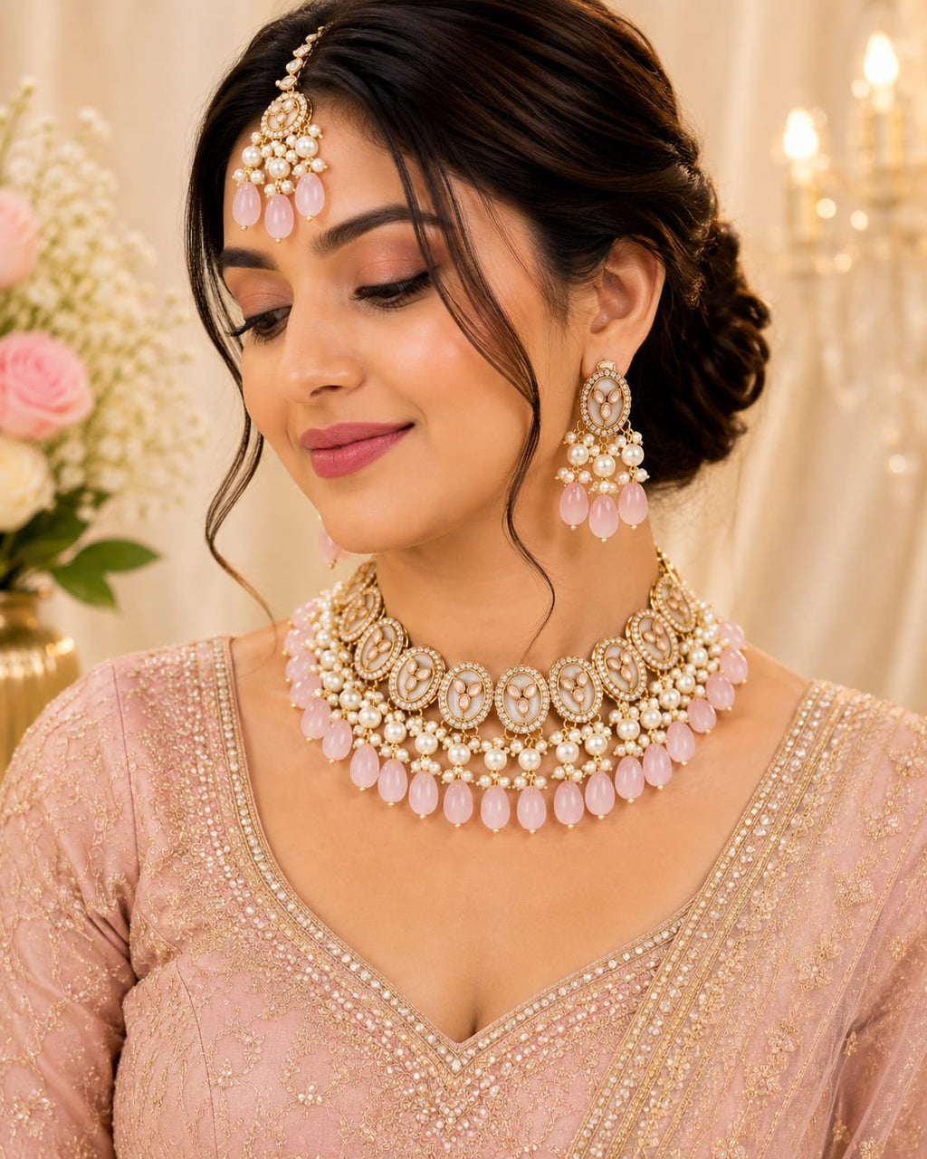 Pink Rose Quartz & Pearl Choker Necklace Set with Earrings & Maang Tikka