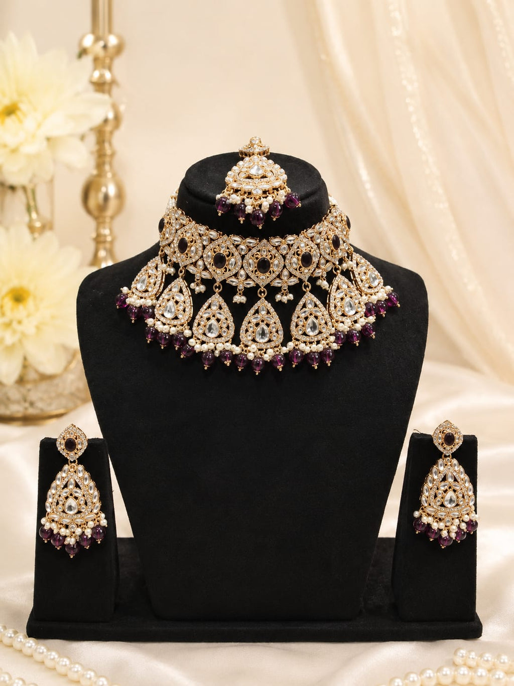 Royal Wine Polki Kundan Bridal Choker Set with Earrings & Maang Tikka