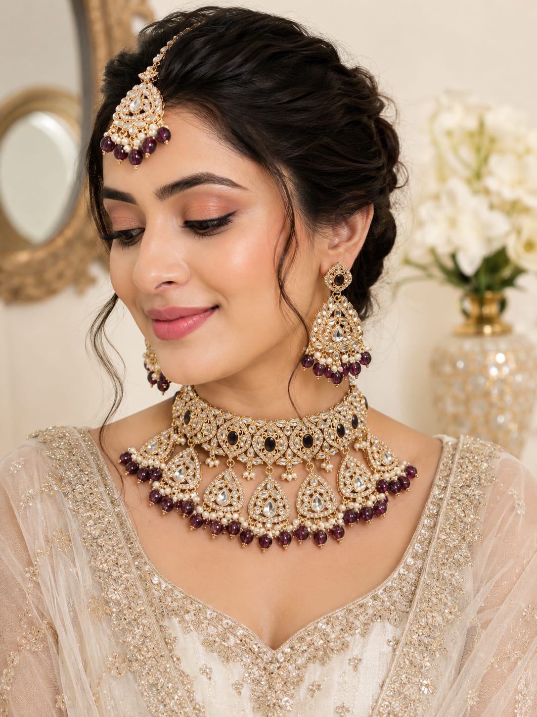 Royal Wine Polki Kundan Bridal Choker Set with Earrings & Maang Tikka