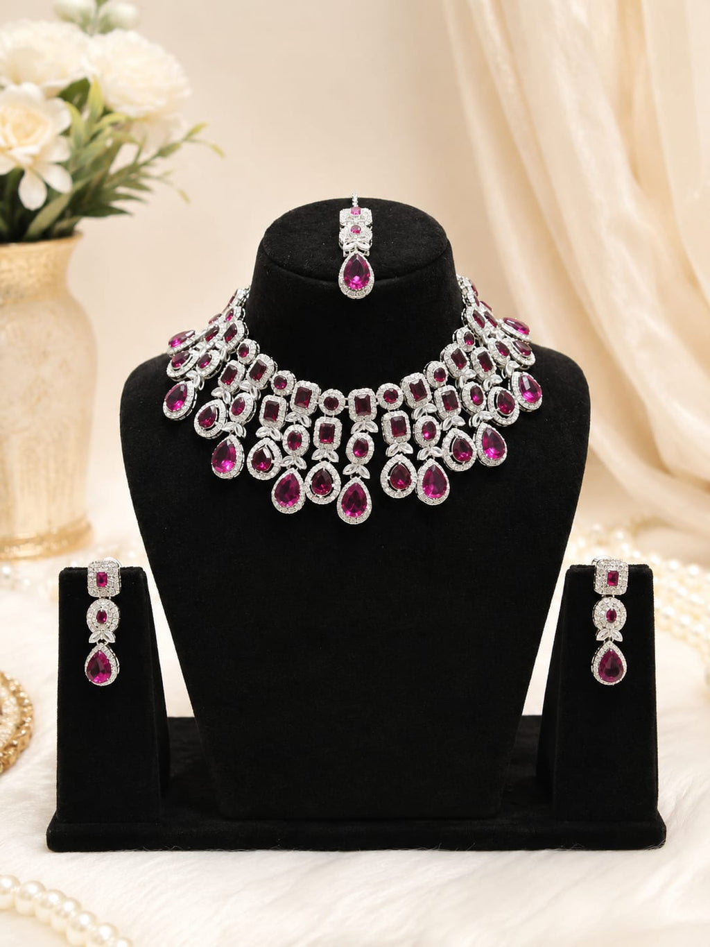 Ruby CZ Bridal Necklace Set with Earrings & Maang Tikka