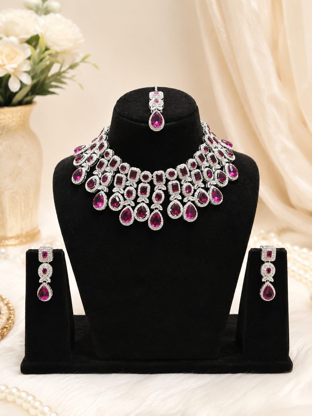 Ruby CZ Bridal Necklace Set with Earrings & Maang Tikka