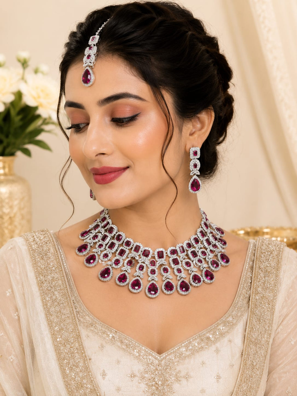 Ruby CZ Bridal Necklace Set with Earrings & Maang Tikka