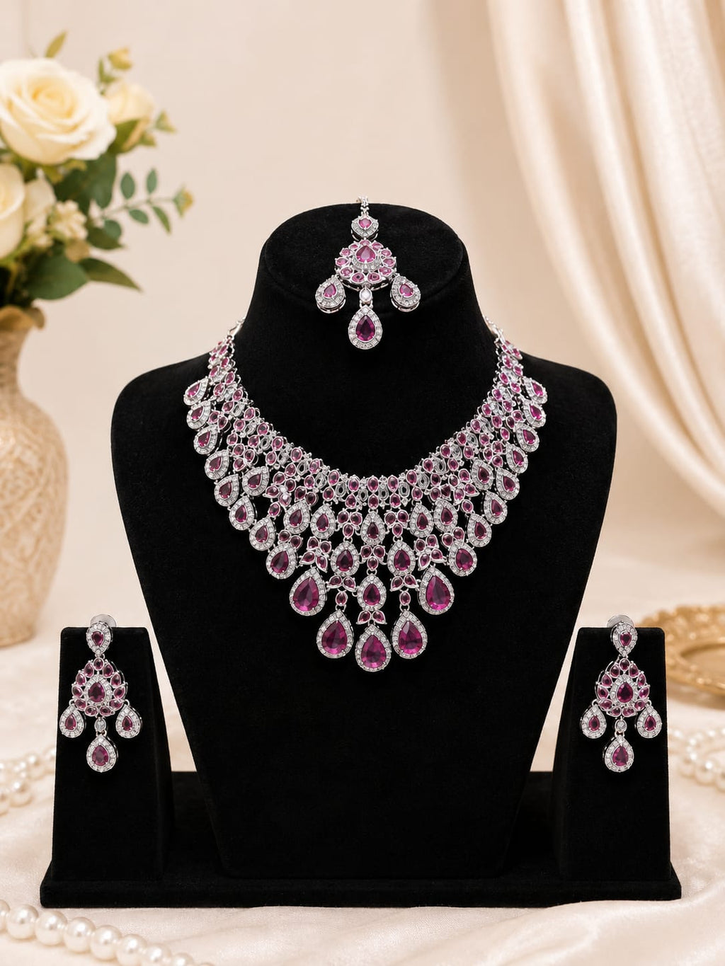 Purple Amethyst CZ Bridal Necklace Set with Earrings & Maang Tikka