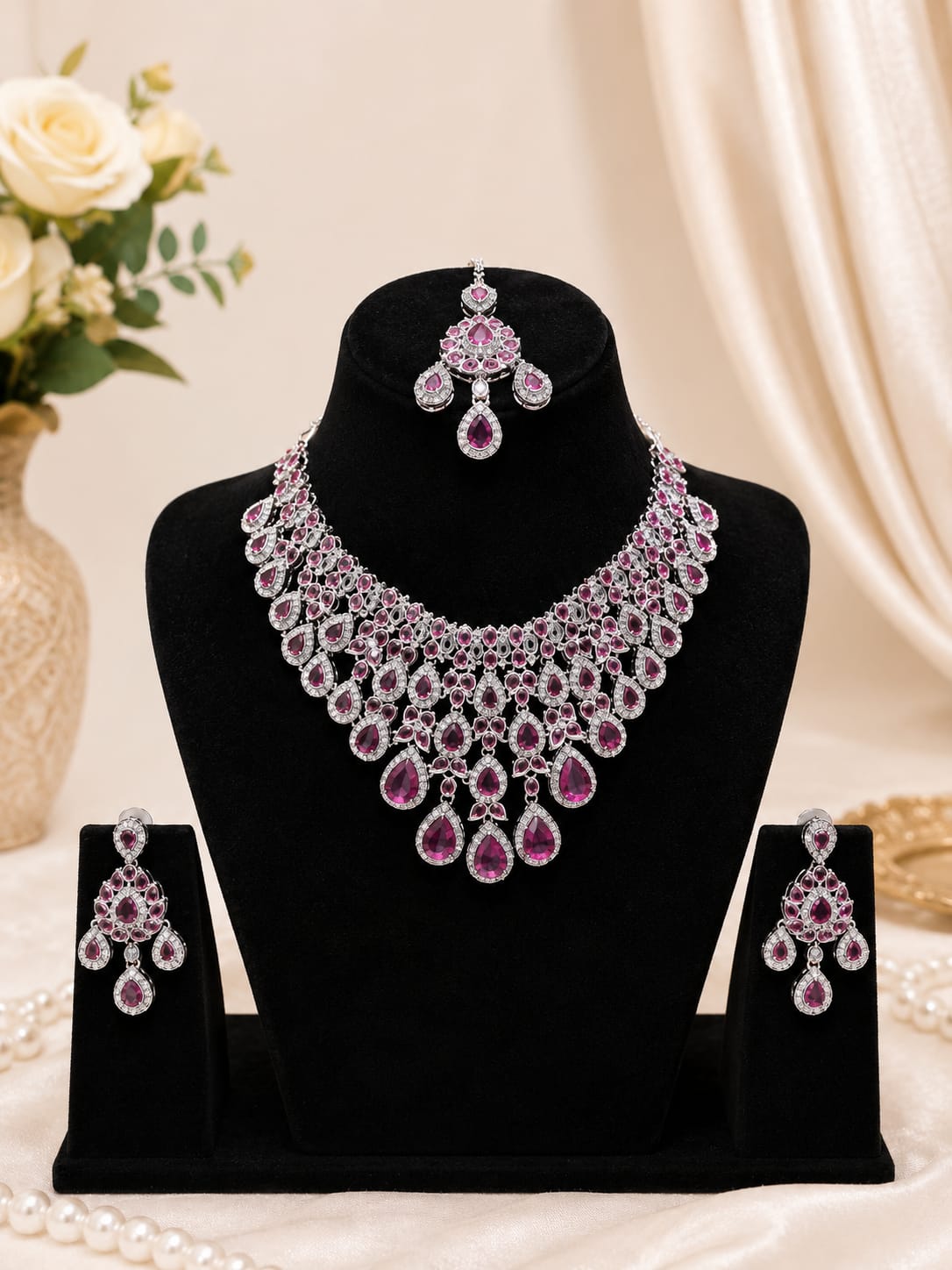 Purple Amethyst CZ Bridal Necklace Set with Earrings & Maang Tikka
