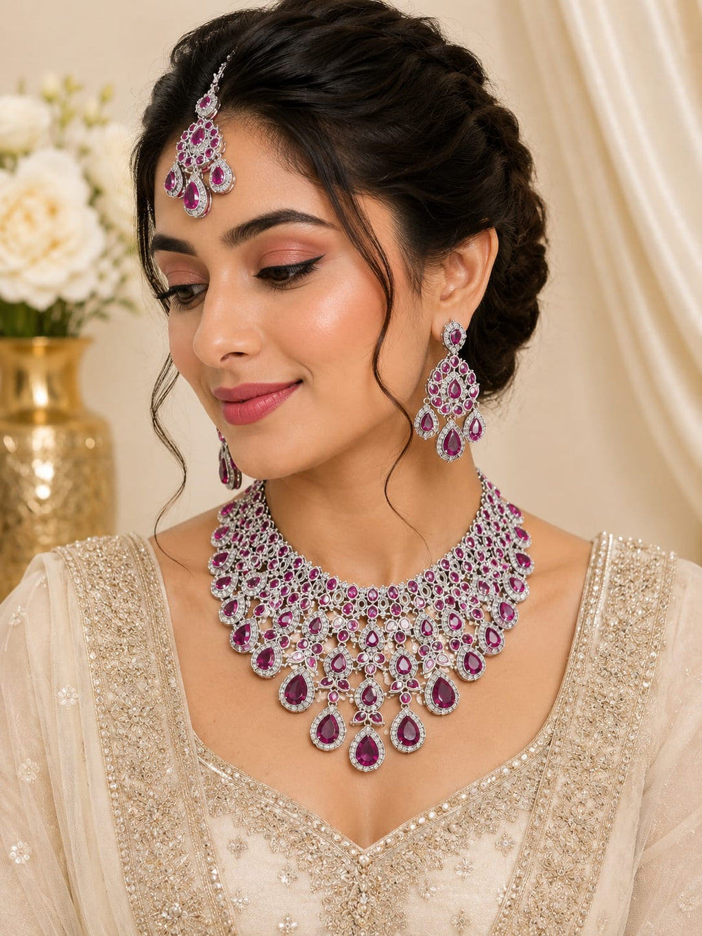 Purple Amethyst CZ Bridal Necklace Set with Earrings & Maang Tikka