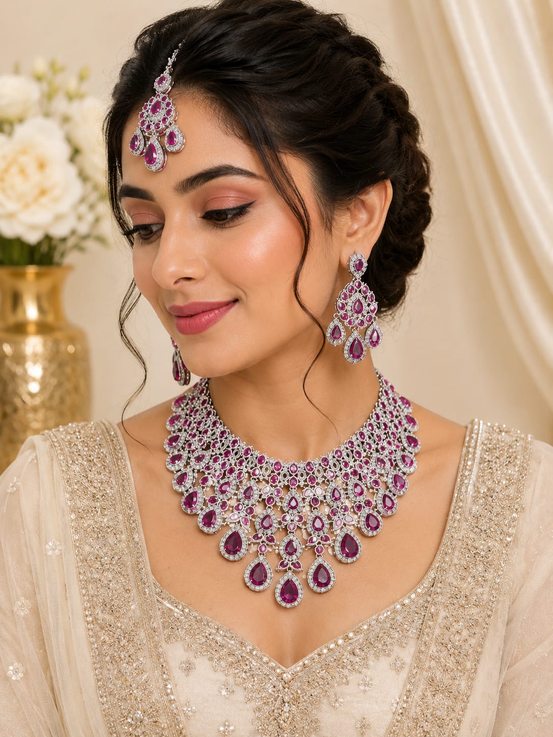Purple Amethyst CZ Bridal Necklace Set with Earrings & Maang Tikka
