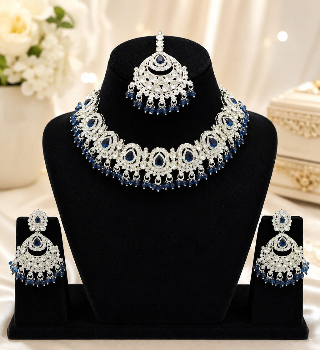 Silver CZ Bridal Jewellery Set with Blue Stones