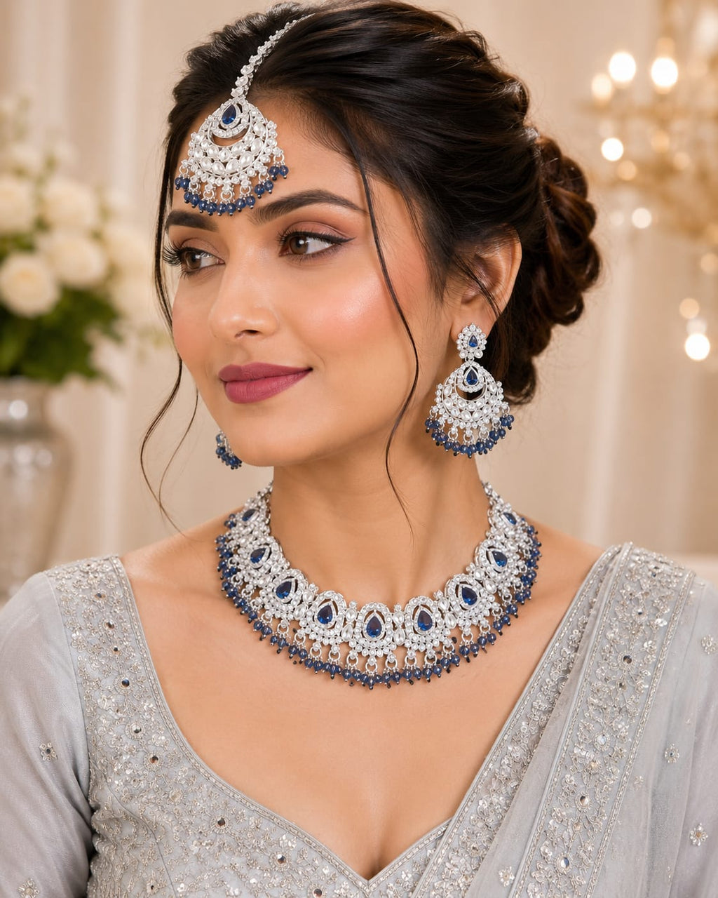 Silver CZ Bridal Jewellery Set with Blue Stones