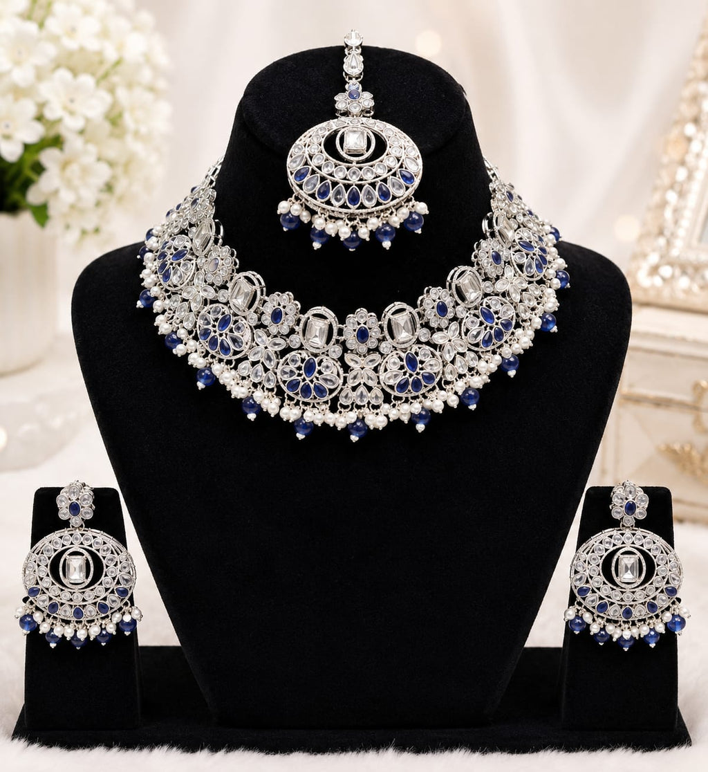 Silver Polki & Blue Stone Bridal Jewellery Set