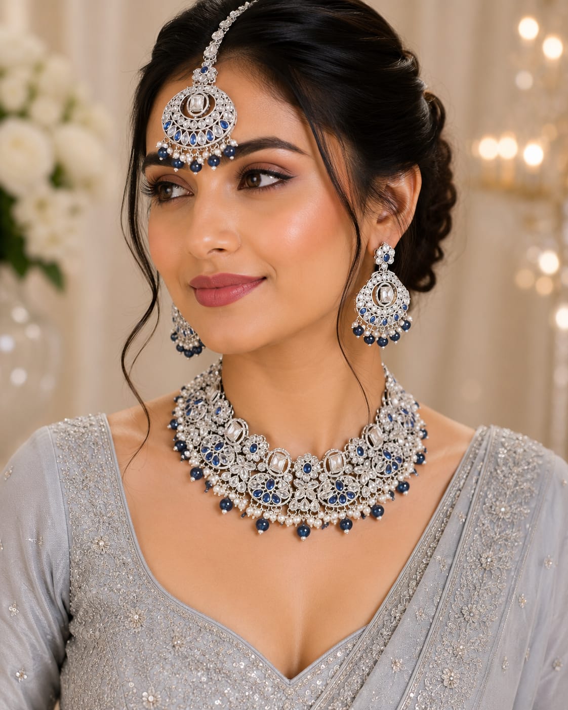 Silver Polki & Blue Stone Bridal Jewellery Set