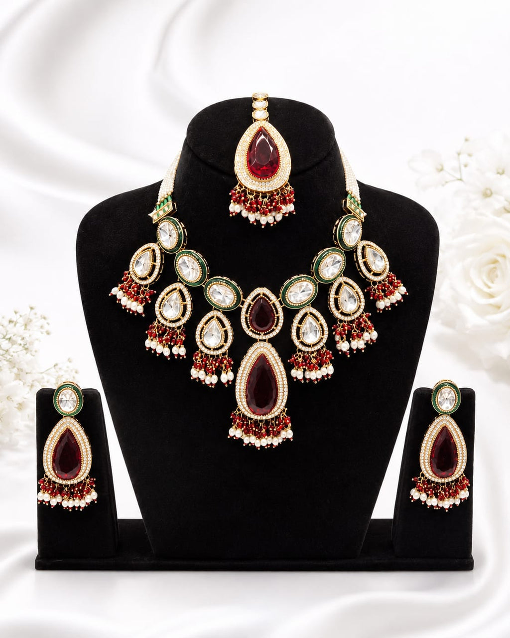 Maroon Green Kundan Bridal Jewellery Set