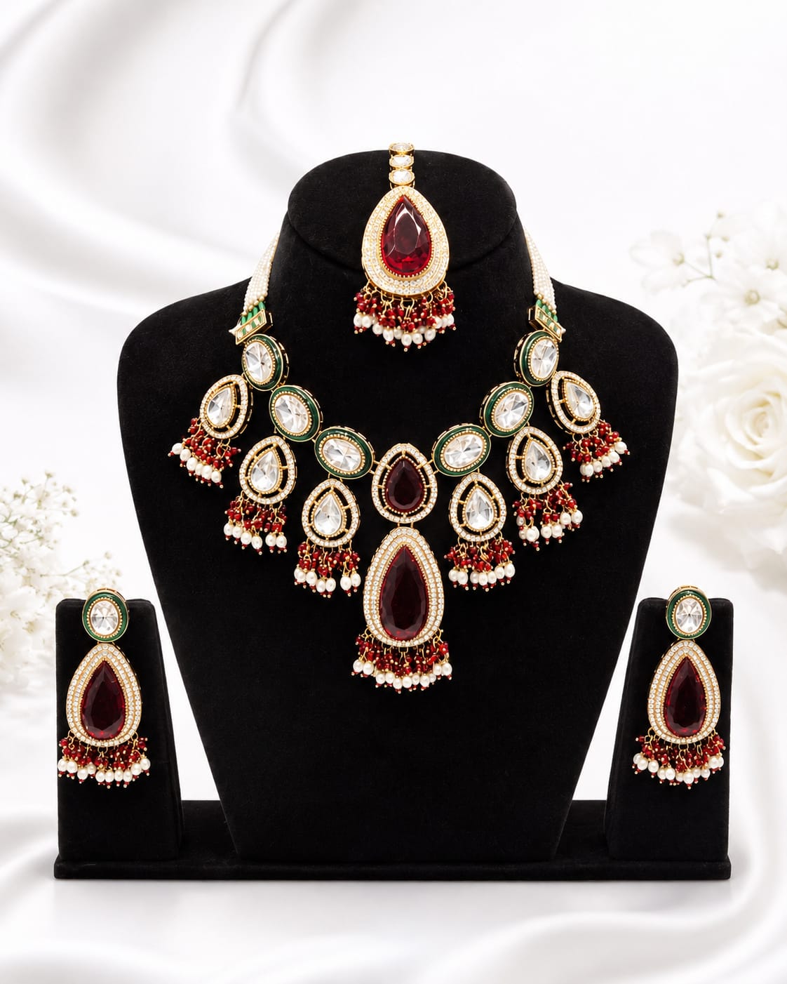Maroon Green Kundan Bridal Jewellery Set