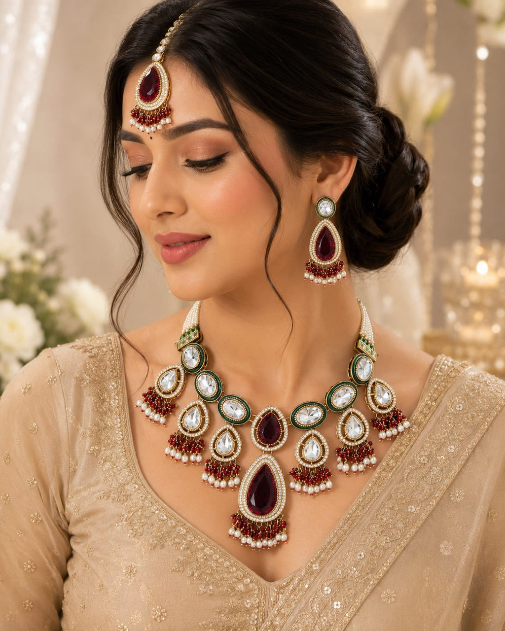 Maroon Green Kundan Bridal Jewellery Set