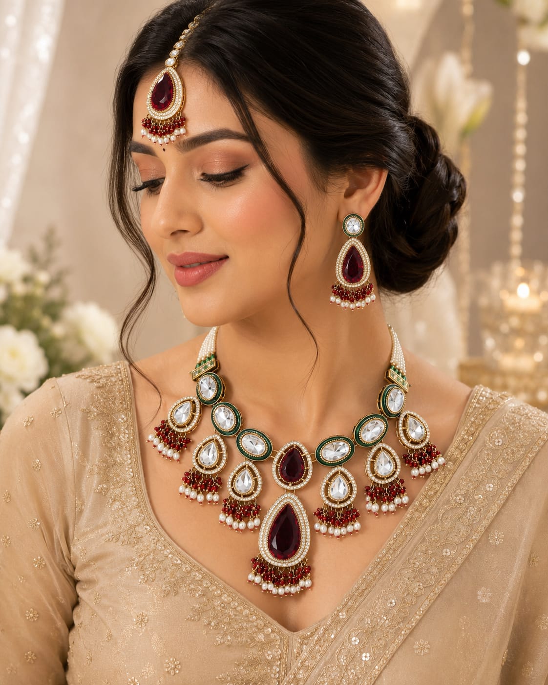Maroon Green Kundan Bridal Jewellery Set