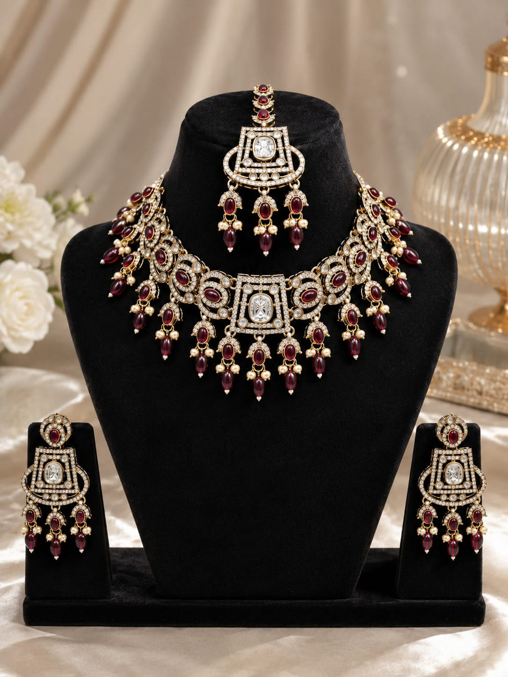 Maroon Polki Kundan Choker Bridal Jewellery Set