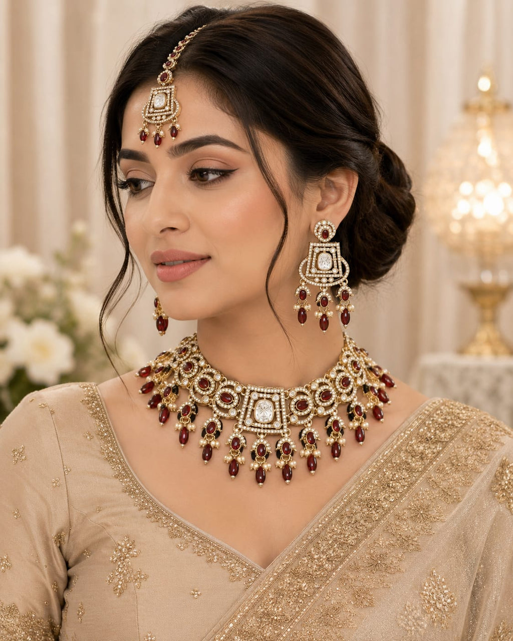 Maroon Polki Kundan Choker Bridal Jewellery Set