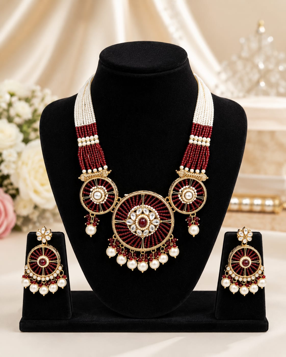 Maroon Kundan Chakra Beaded Necklace Set with Earrings