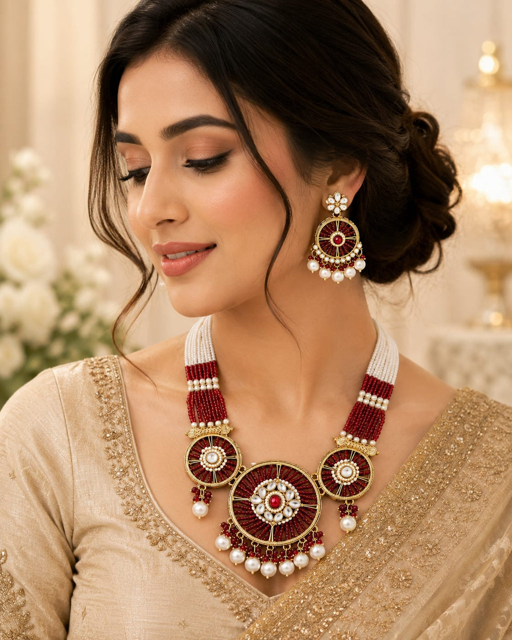 Maroon Kundan Chakra Beaded Necklace Set with Earrings
