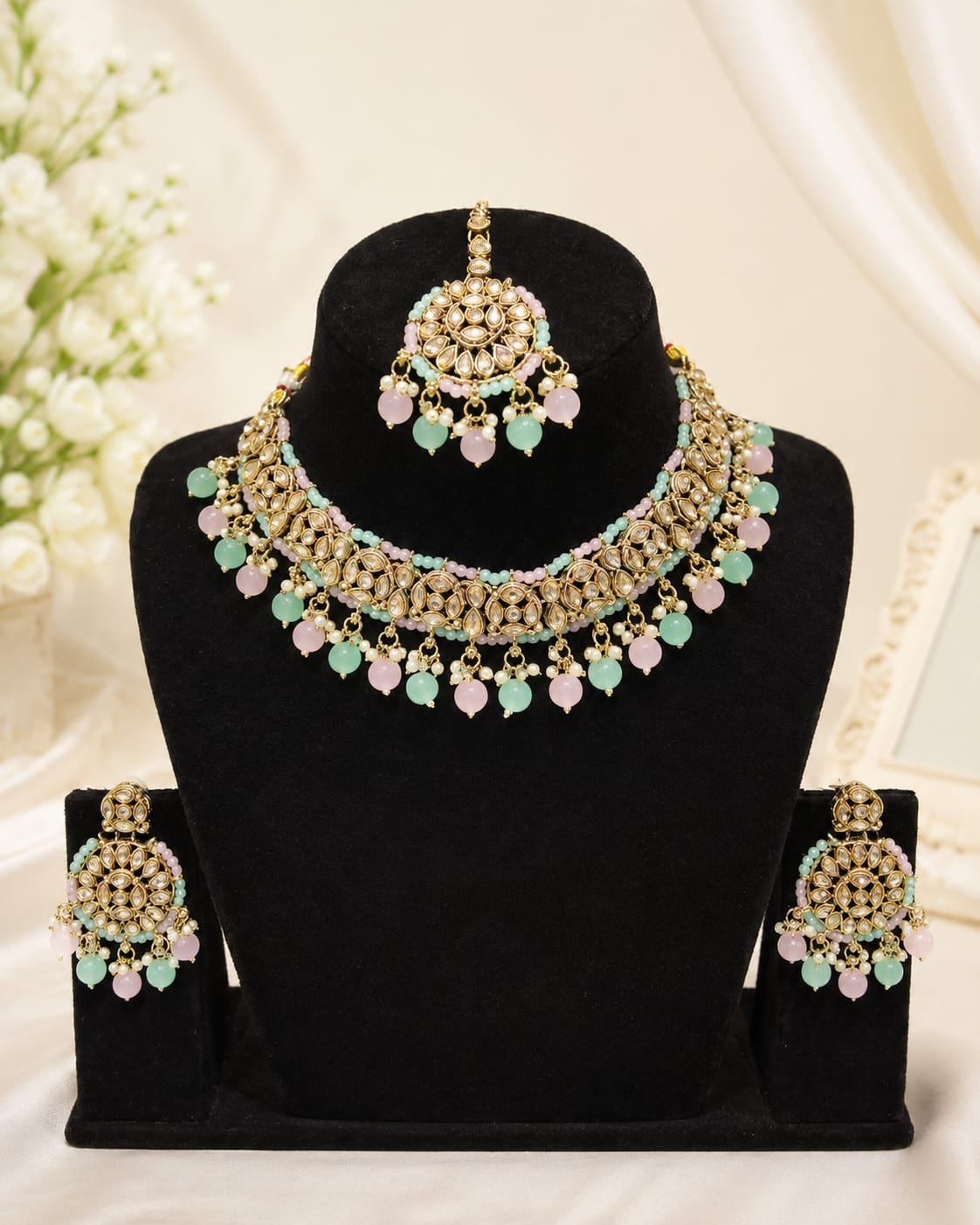 Pastel Kundan Bridal Jewellery Set – Necklace, Earrings & Maang Tikka
