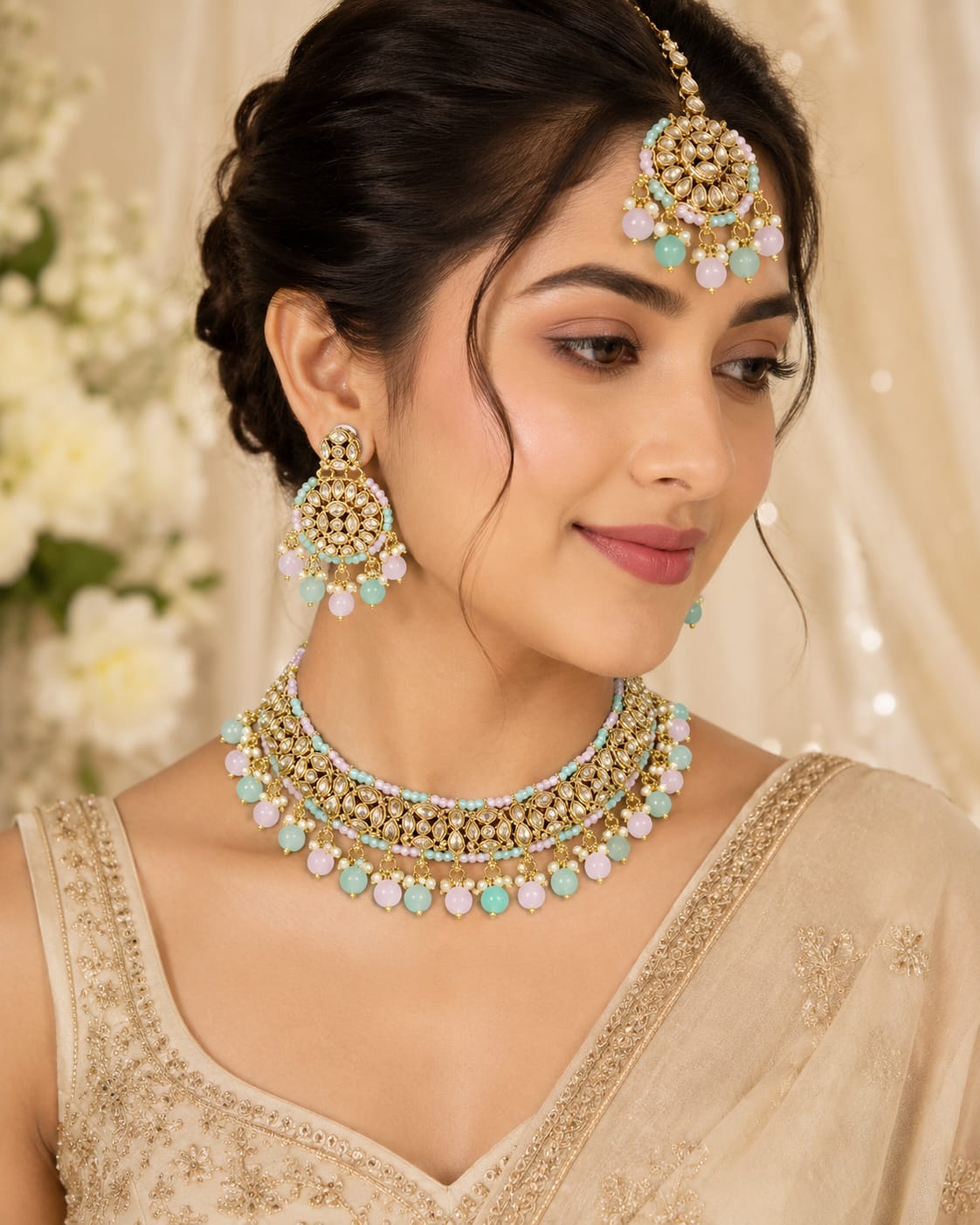 Pastel Kundan Bridal Jewellery Set – Necklace, Earrings & Maang Tikka