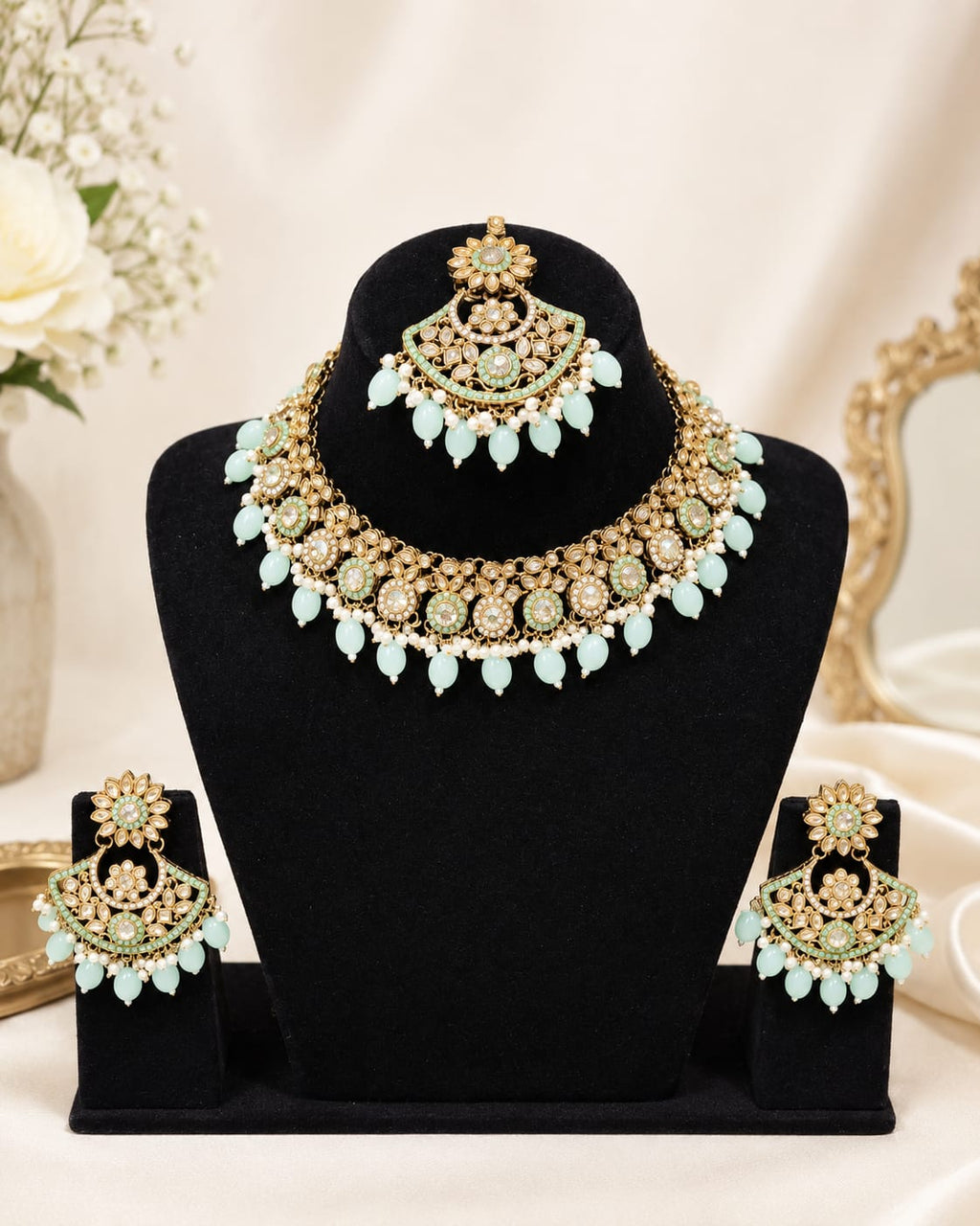 Mint Green Kundan Bridal Jewellery Set – Necklace, Earrings & Maang Tikka