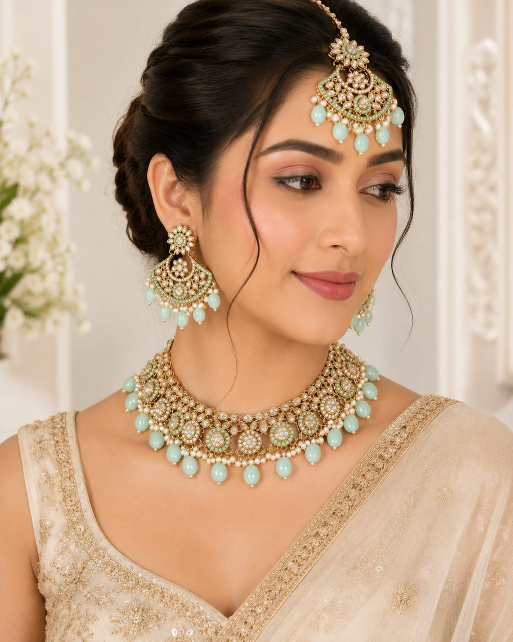 Mint Green Kundan Bridal Jewellery Set – Necklace, Earrings & Maang Tikka