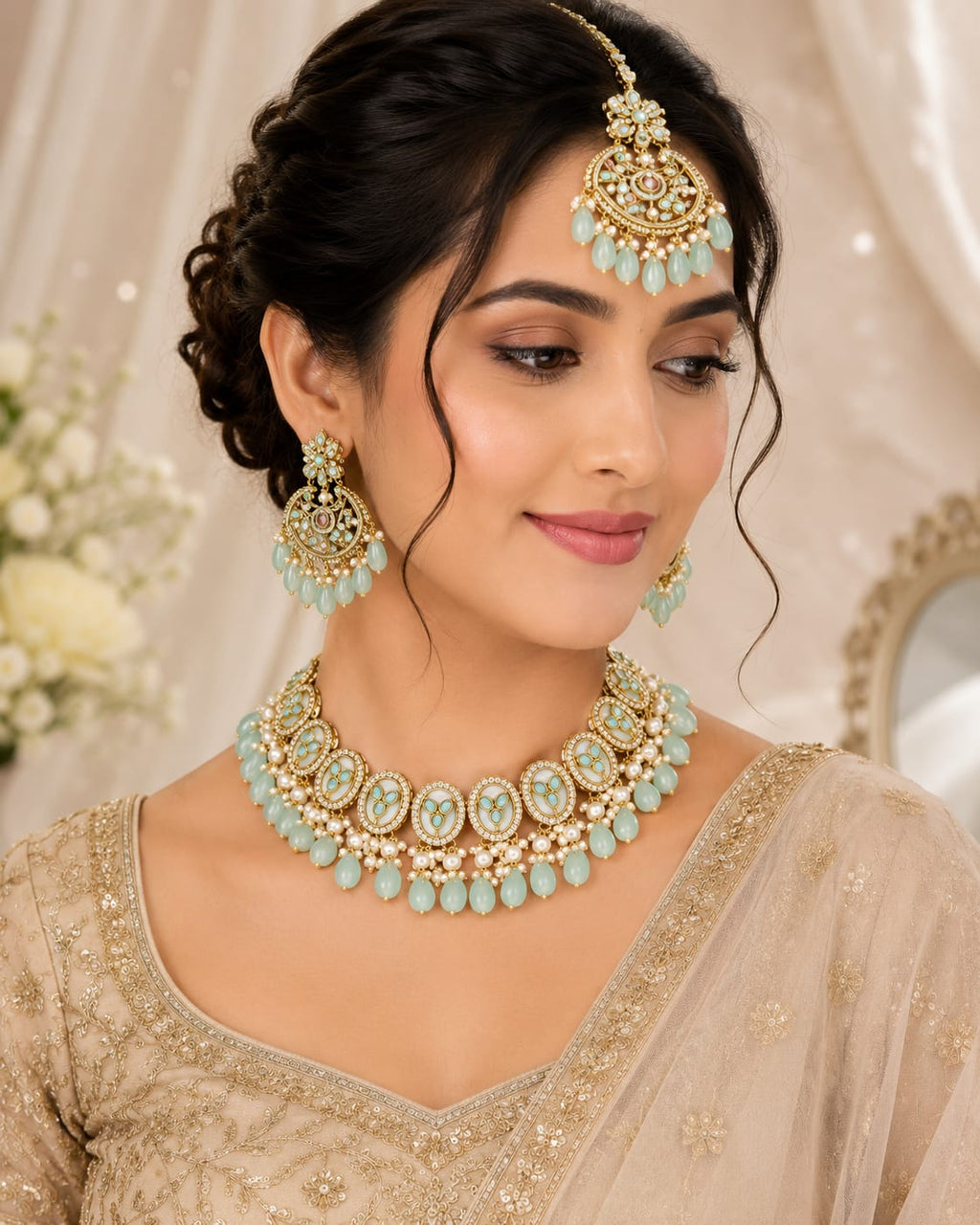 Mint Blue Meenakari & Pearl Bridal Jewellery Set – Necklace, Earrings & Maang Tikka