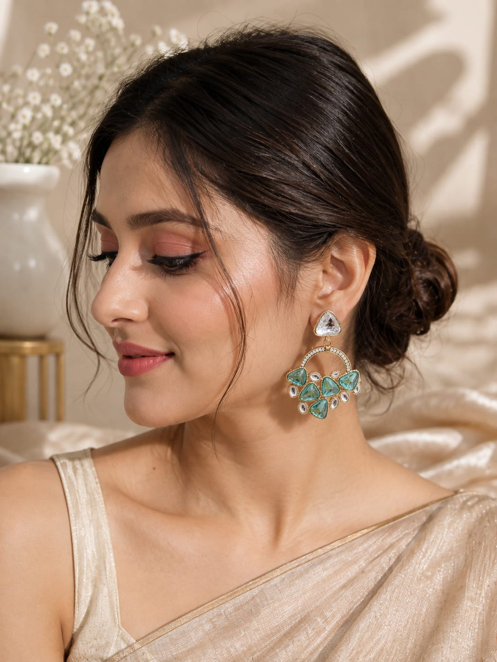 Emerald Blue Polki Hoop Earrings