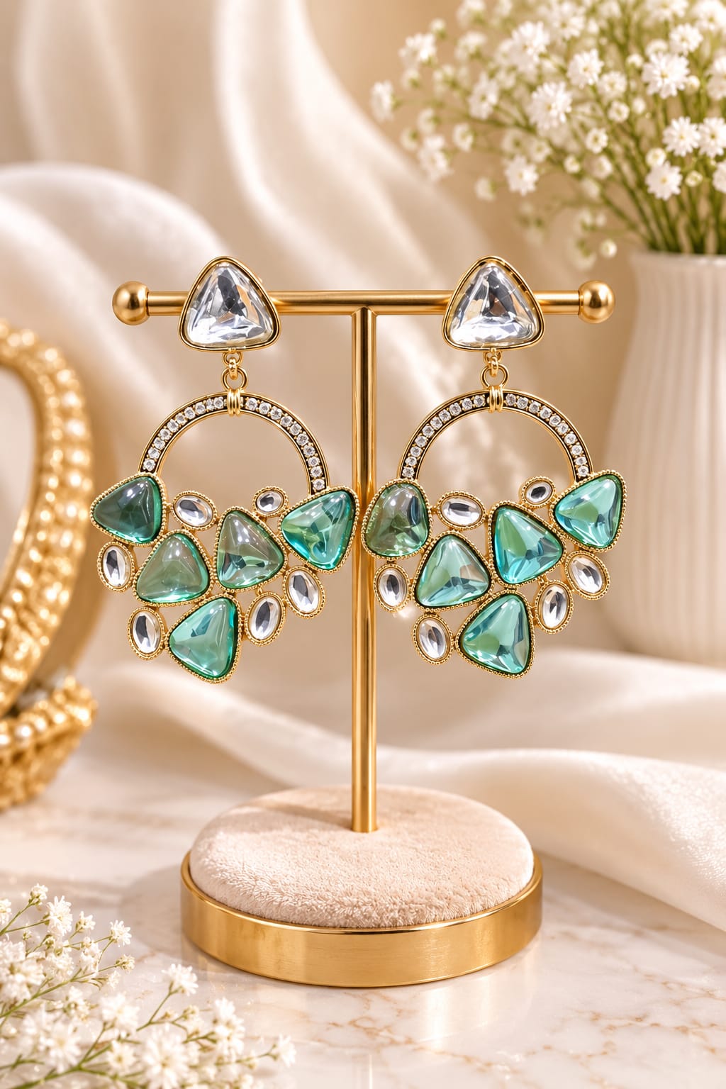 Emerald Blue Polki Hoop Earrings