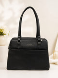 Black pebbled leather shoulder bag – top view showing multi-compartment interior