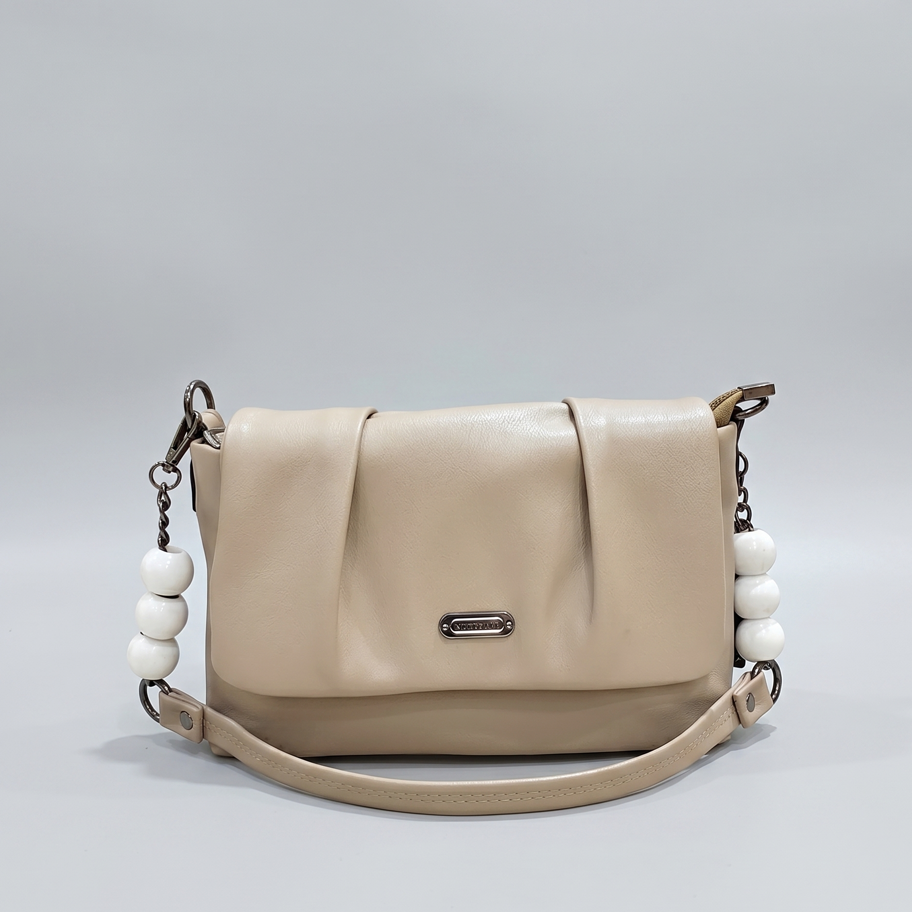 Minimalist Beige Pleated Shoulder Bag with Statement Beaded Strap