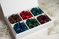5-piece jewel tone satin scrunchies gift set in brown, red, teal, green and burgundy in premium gift box