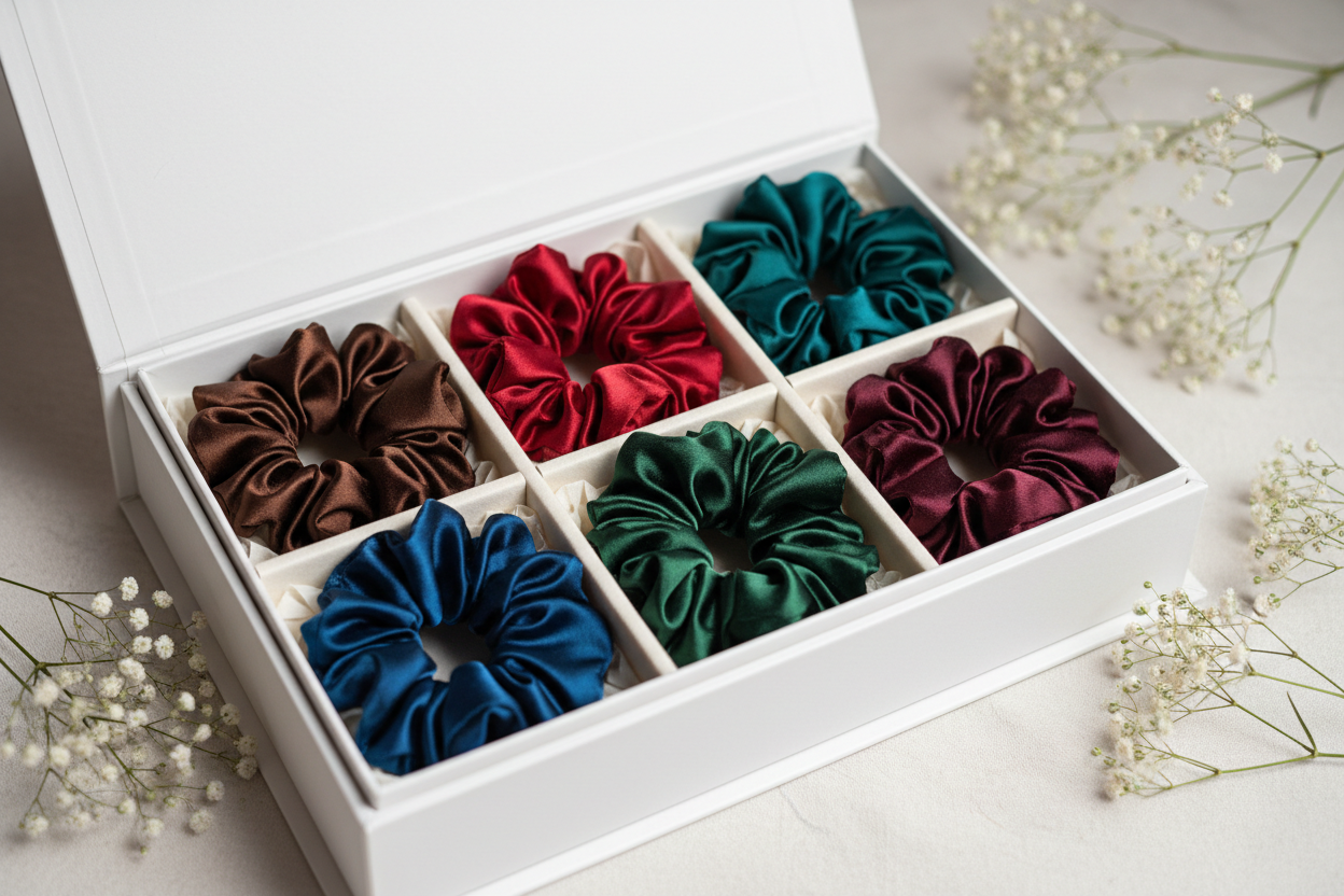 5-piece jewel tone satin scrunchies gift set in brown, red, teal, green and burgundy in premium gift box