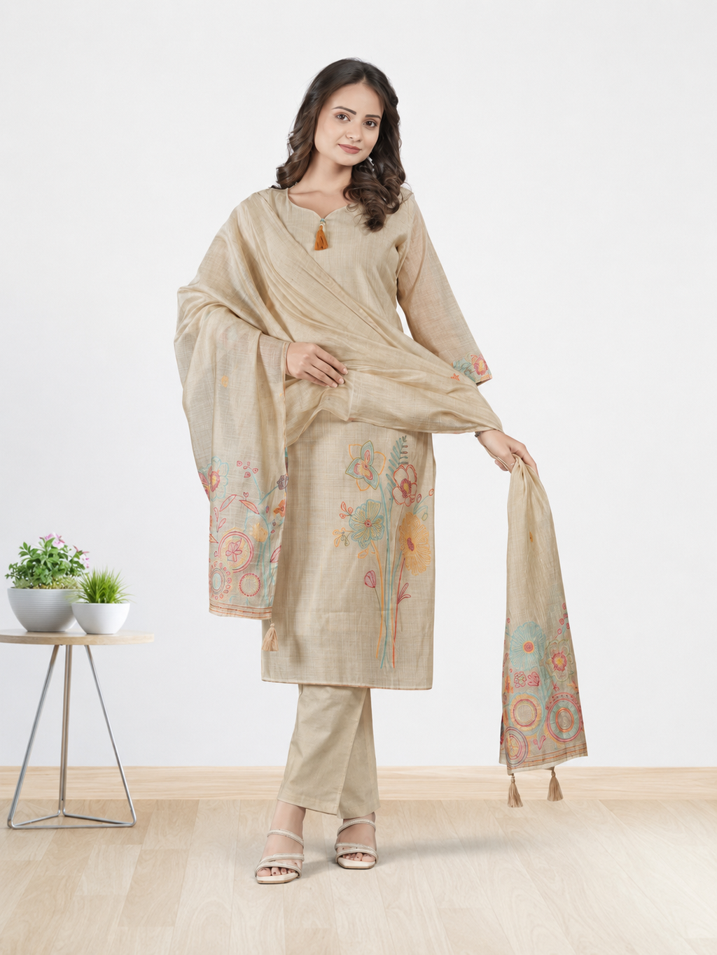 Chanderi Cotton Kurti Set – Kosa Beige Shade