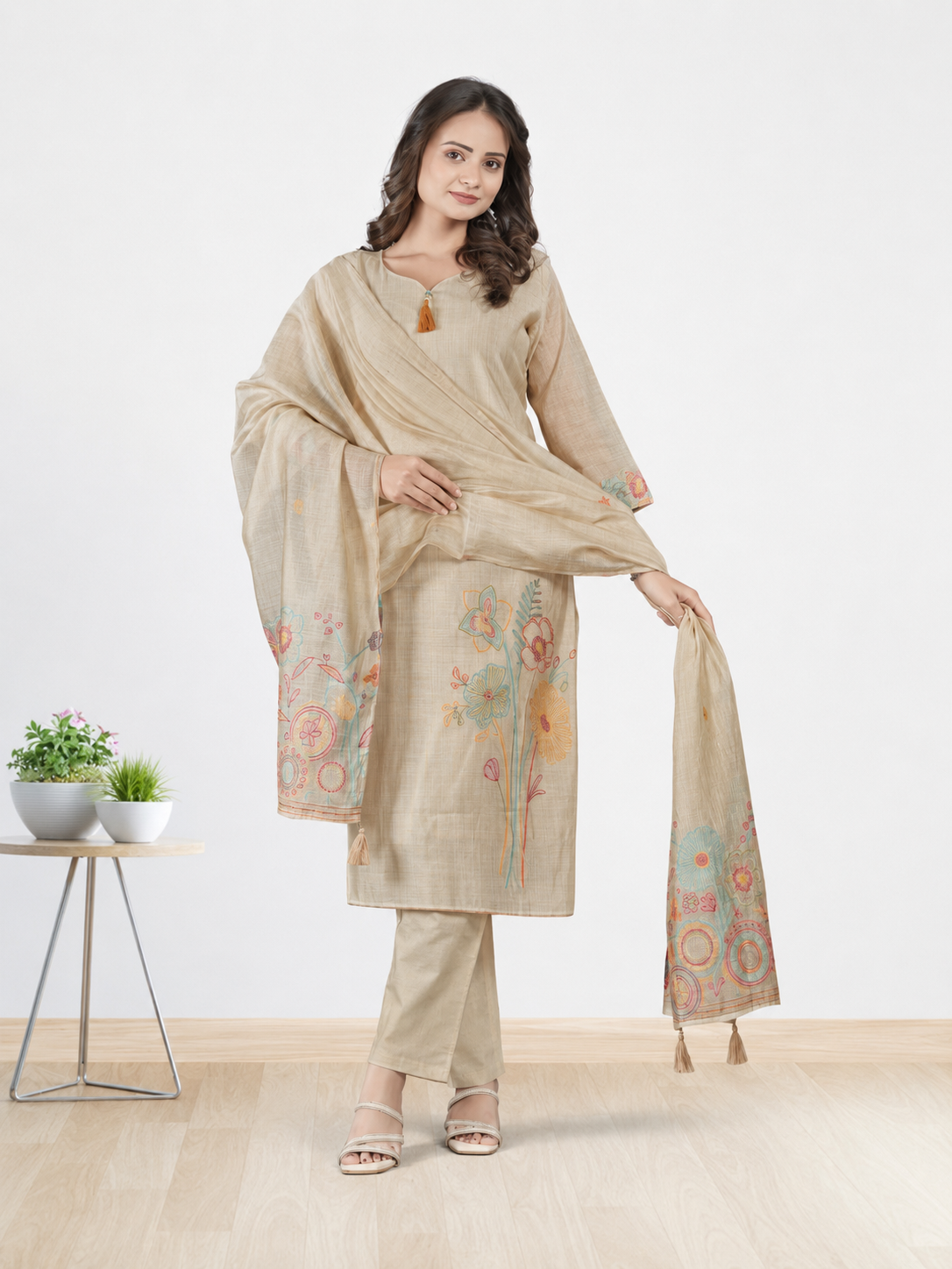 Chanderi Cotton Kurti Set – Kosa Beige Shade