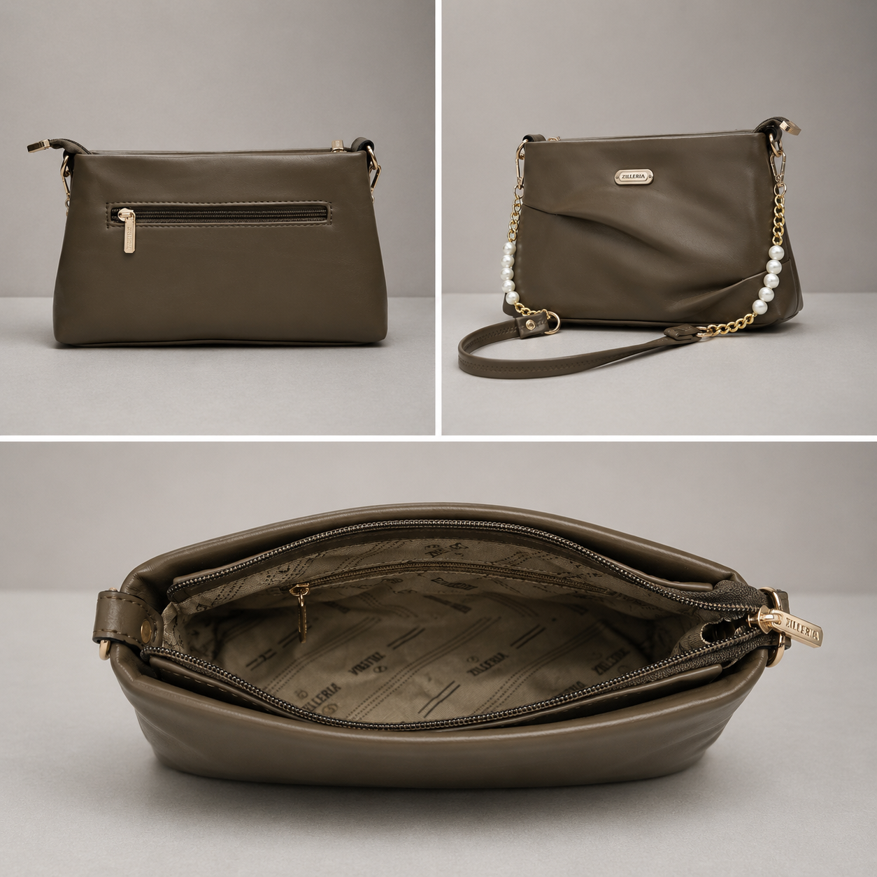ZILLERIA Elegant Ruched Sling Bag with Pearl Chain Accent