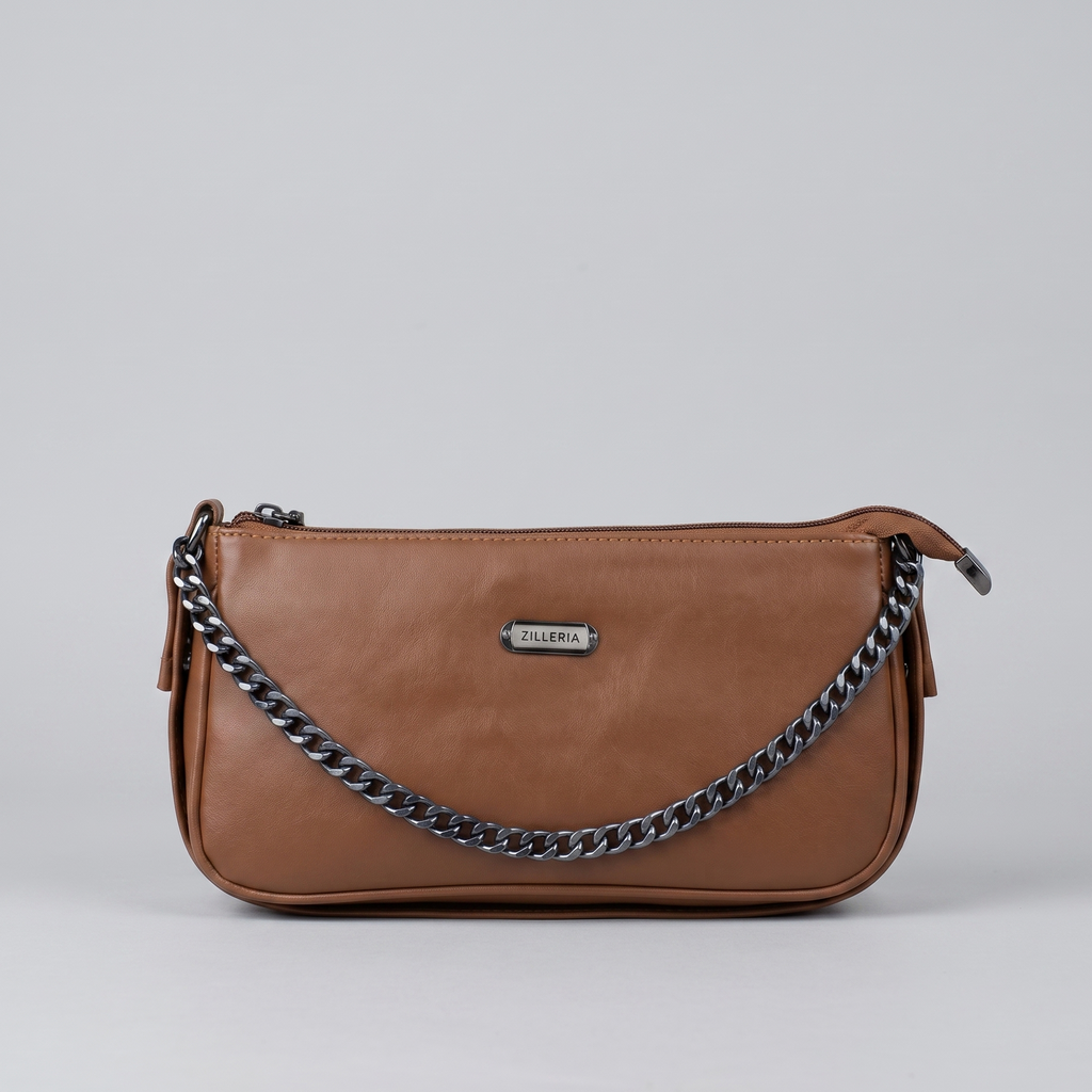 Elegant Tan Baguette Shoulder Bag with Chain